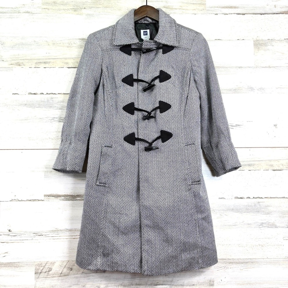 GAP Y2K Womens Herringbone Toggle Long Coat Black White Size S Trenchcoat Lined